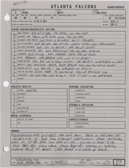 1991 Atlanta Falcons Scouting Report on Brett Favre! Hand Written By Falcons Scout